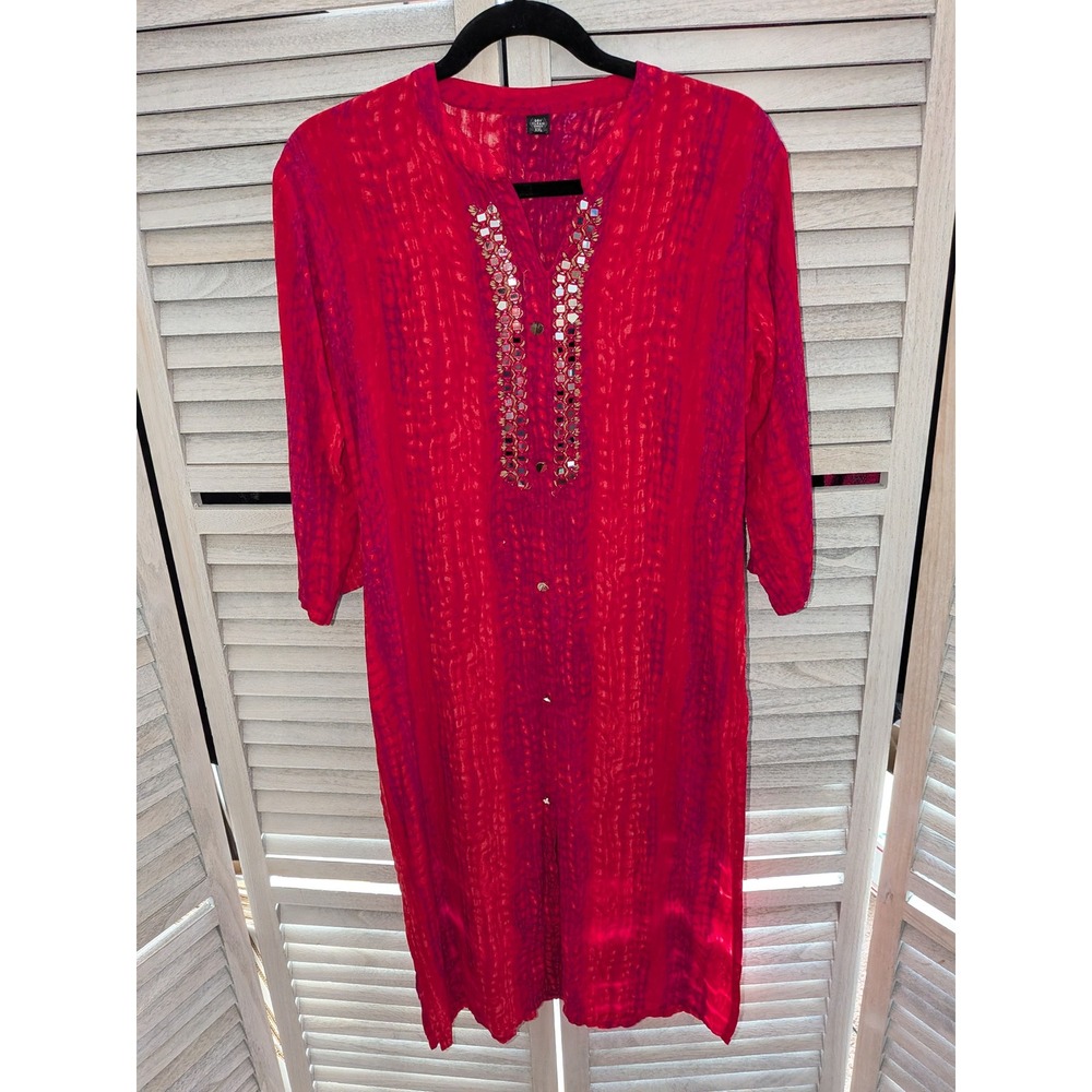 Red Patterned Mirror‎ Work Tunic Dress Longline Kurti Top XXL